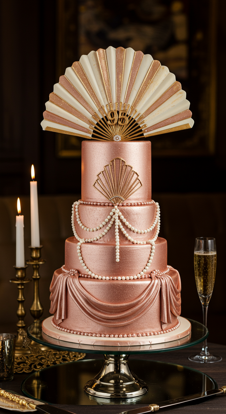 Mehrstöckige Roségold-Torte im Art-Déco-Stil mit Fächer-Topper und Perlen.