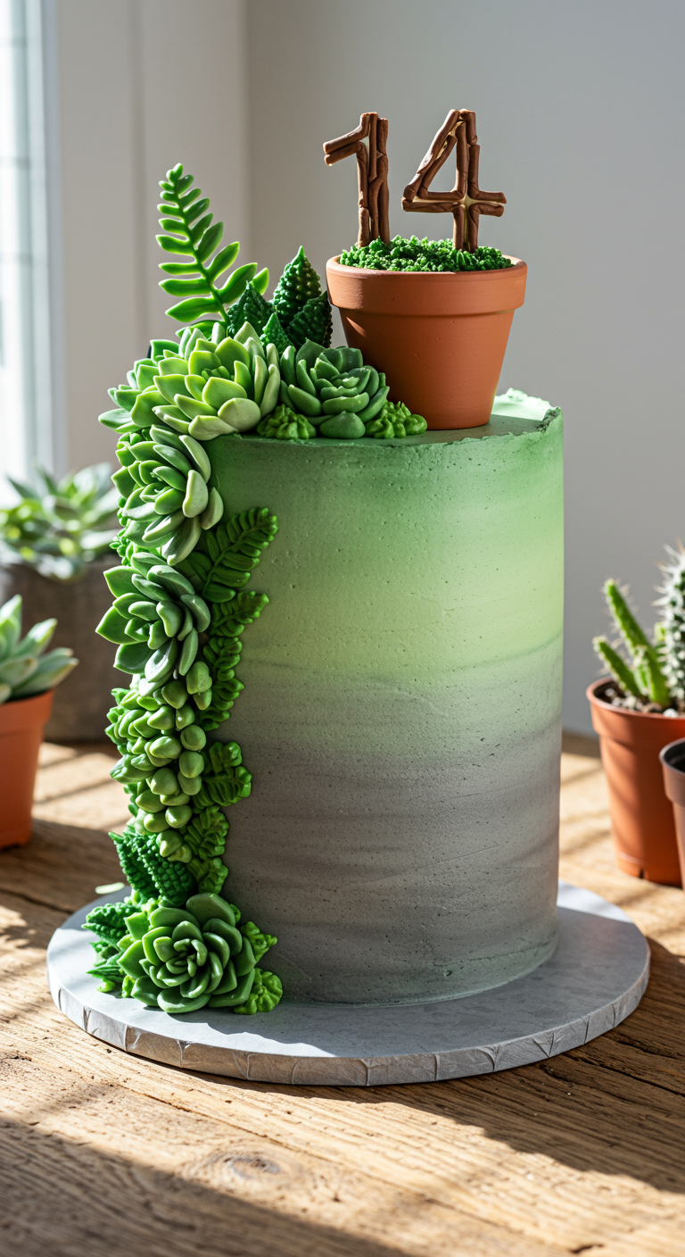 Hohe Torte mit grau-grünem Farbverlauf, dekoriert mit Buttercreme-Sukkulenten.