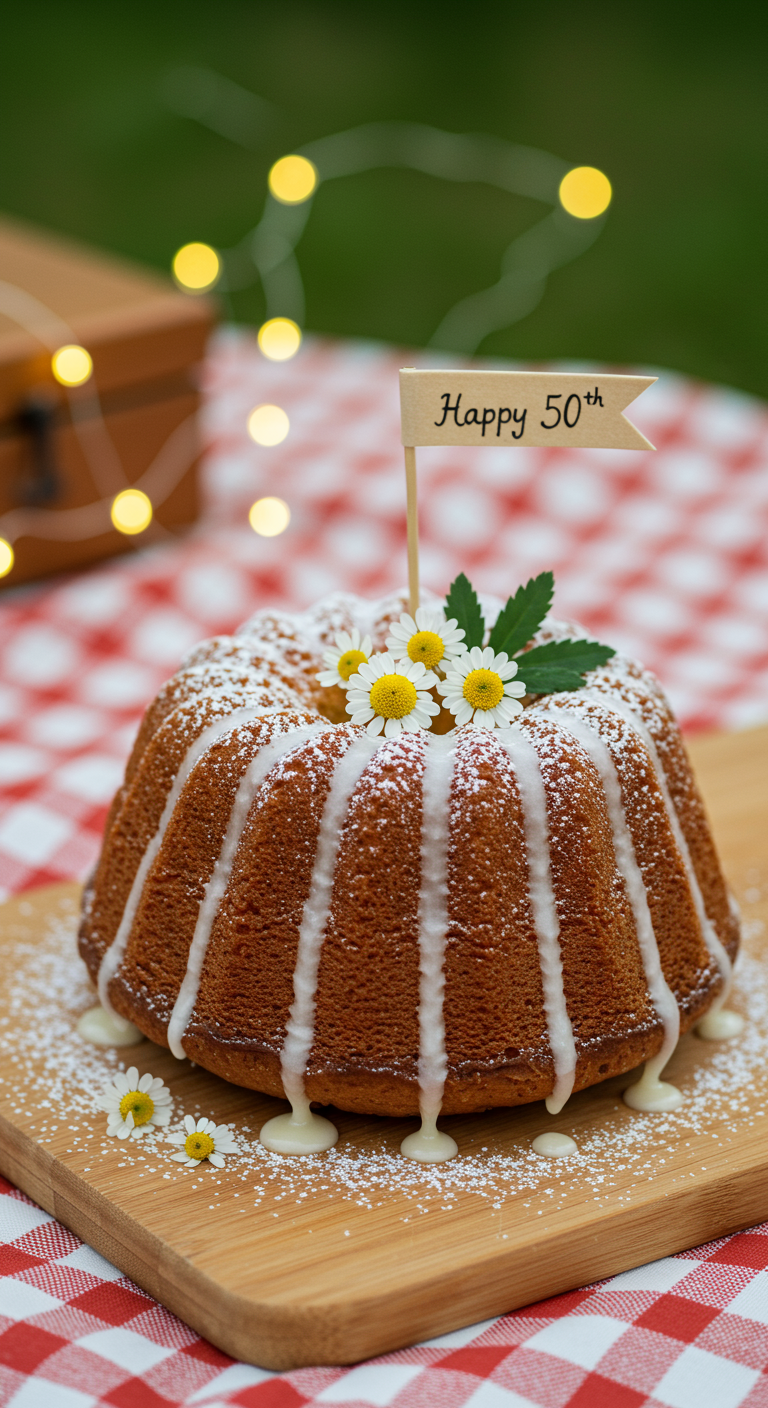 Gugelhupf mit Zuckerguss-Drip, Puderzucker, Gänseblümchen und 'Happy 50th' Fähnchen.
