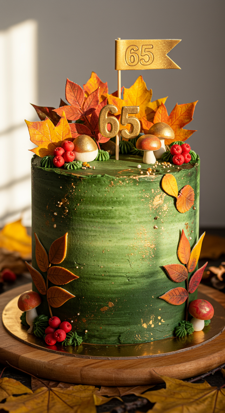 Grüne Torte mit Herbstblättern, Beeren, Pilzen und 65-Topper.