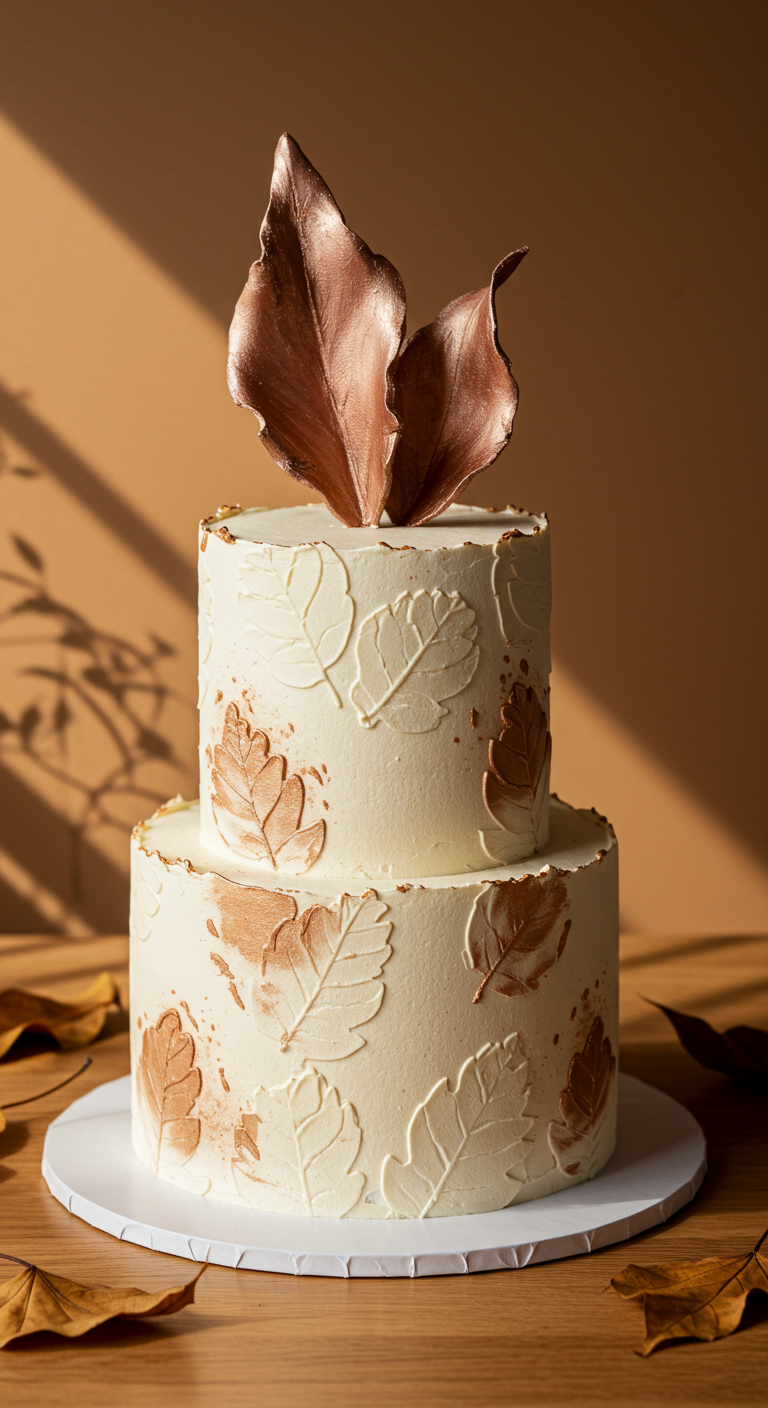 Zweistöckige cremefarbene Torte mit bronzefarbenen Blätter-Applikationen und einem großen Bronze-Blatt-Topper.