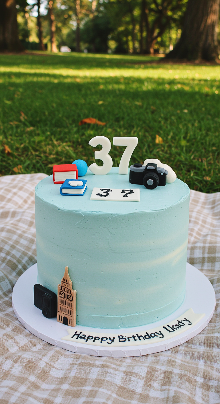 Hellblaue Torte mit Fondant-Deko: Bücher, Kamera, Big Ben und „37“.