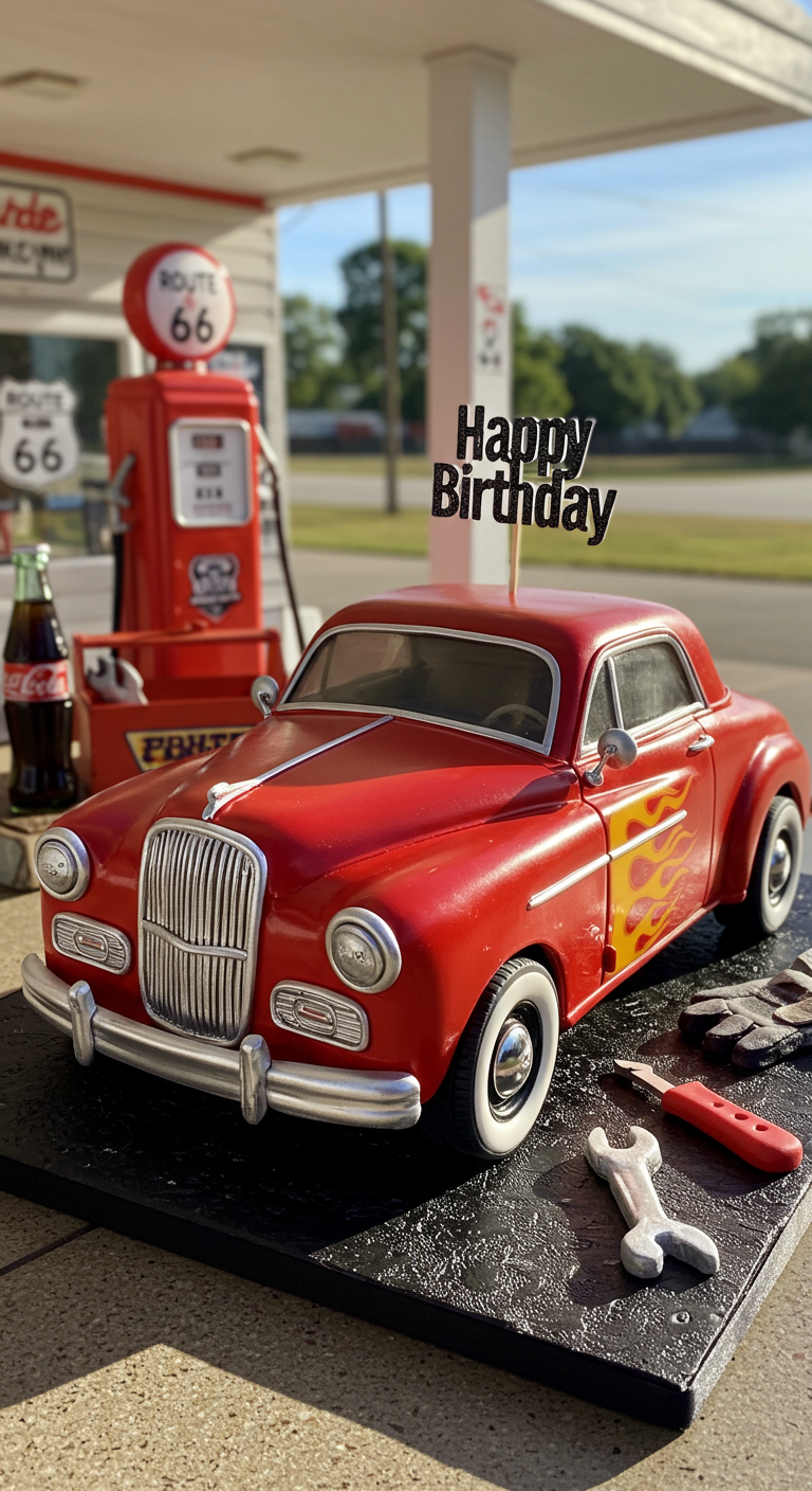Torte in Form eines roten Oldtimer-Autos mit Flammen, daneben Route 66 Zapfsäule.