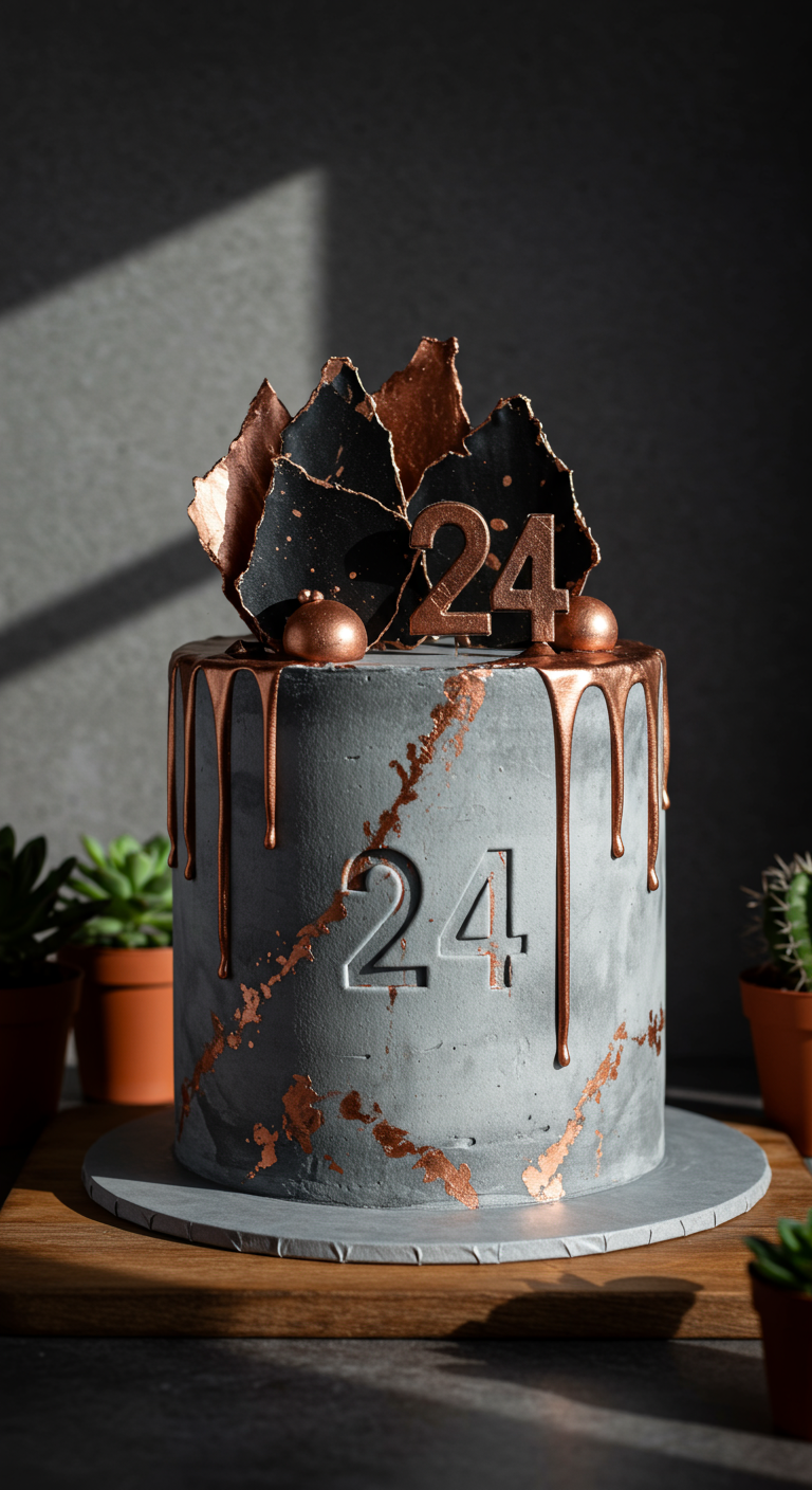 Graue Torte in Betonoptik mit Kupfer-Drips, Kupfer-Scherben und Zahl 24.