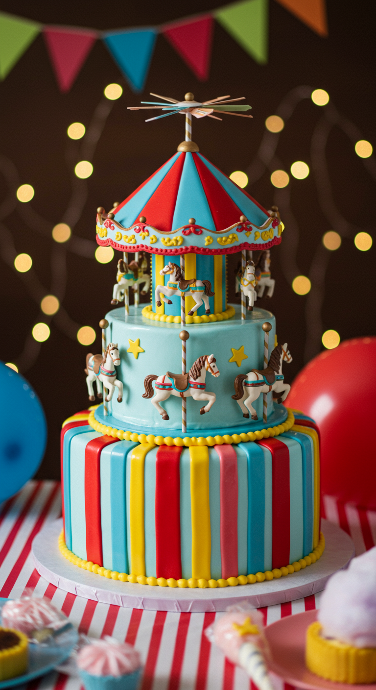 Zweistöckige Karussell-Torte mit bunten Streifen und Pferden