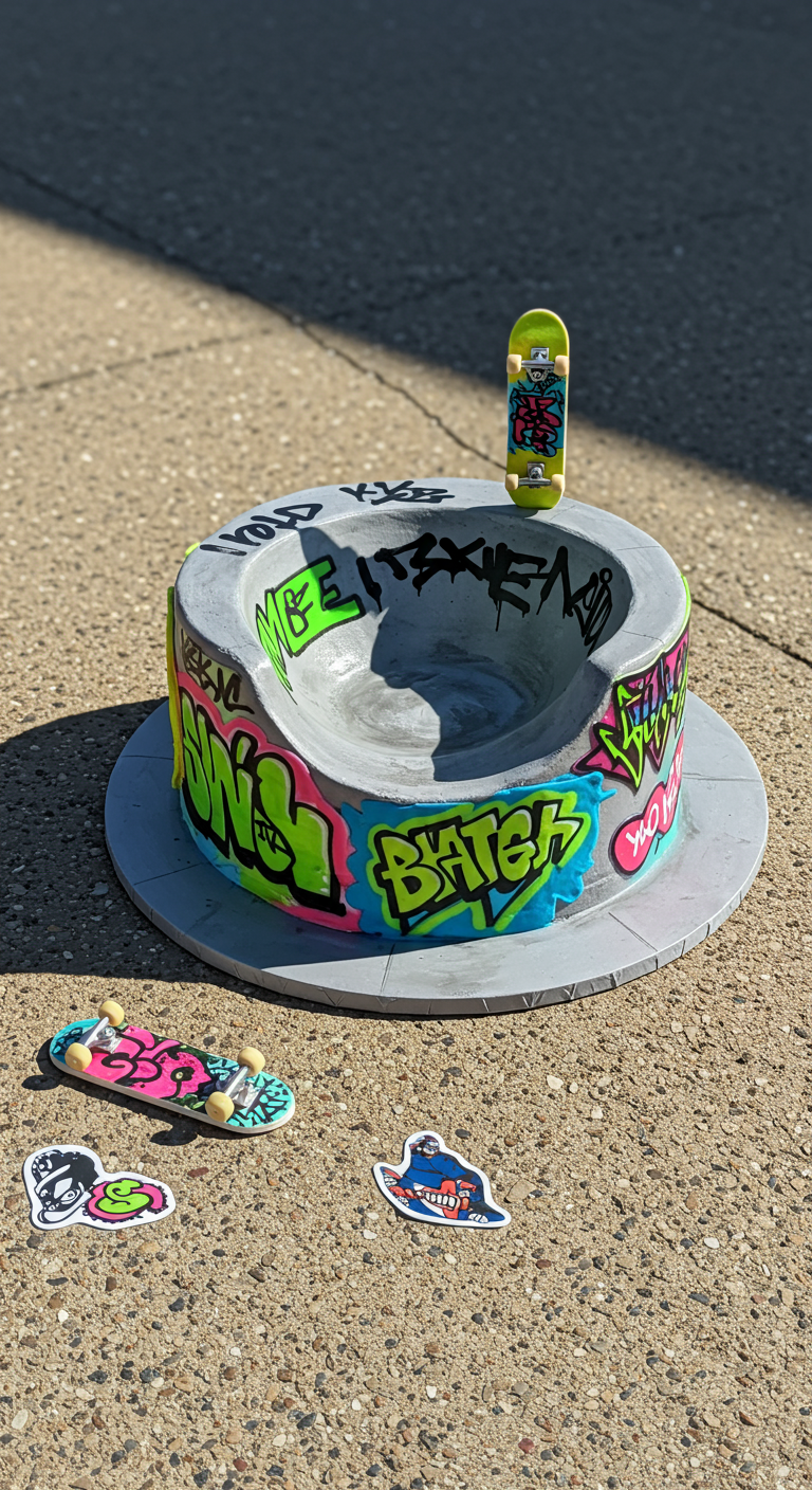 Torte in Form eines leeren Skate-Pools mit bunten Graffiti-Tags und Mini-Skateboards.