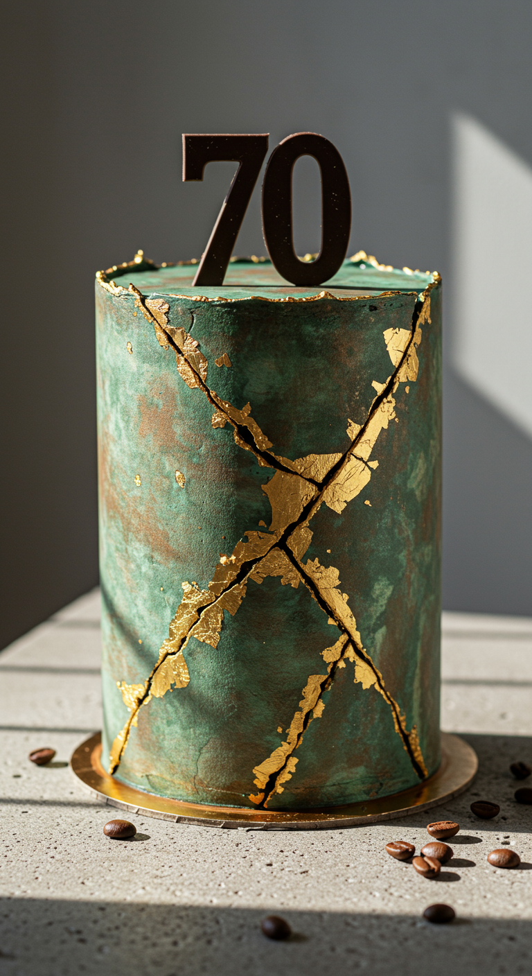Einstöckige Torte in grün-brauner Patina-Optik mit goldenen Kintsugi-Rissen.