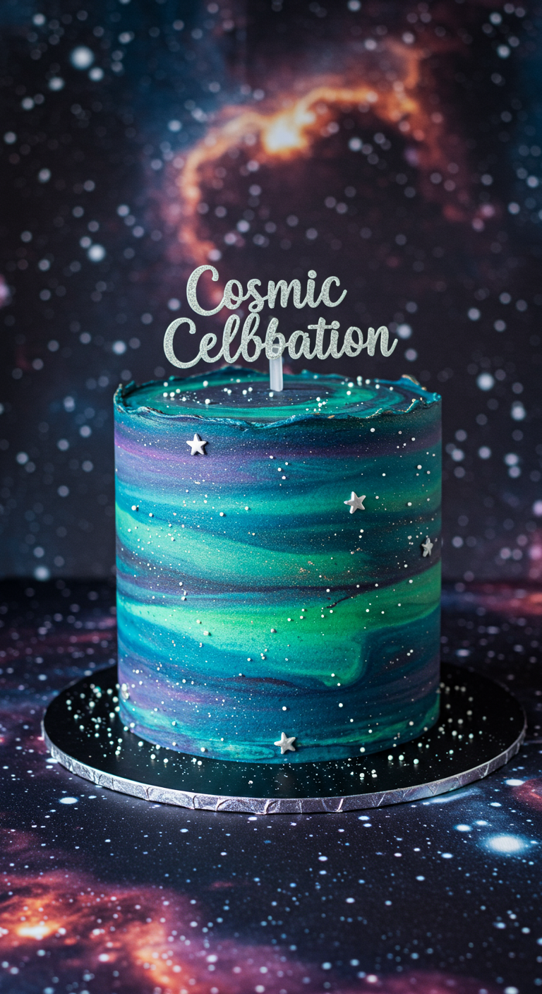Runde Torte mit blau-grün-lila marmorierter Oberfläche, Sternen und 'Cosmic Celebration' Topper.