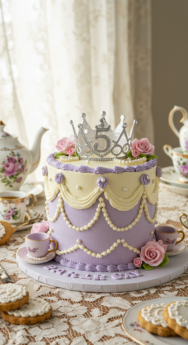 Lila-weiße Prinzessinnen-Torte mit Buttercreme-Drapierungen, Rosen und Krönchen.