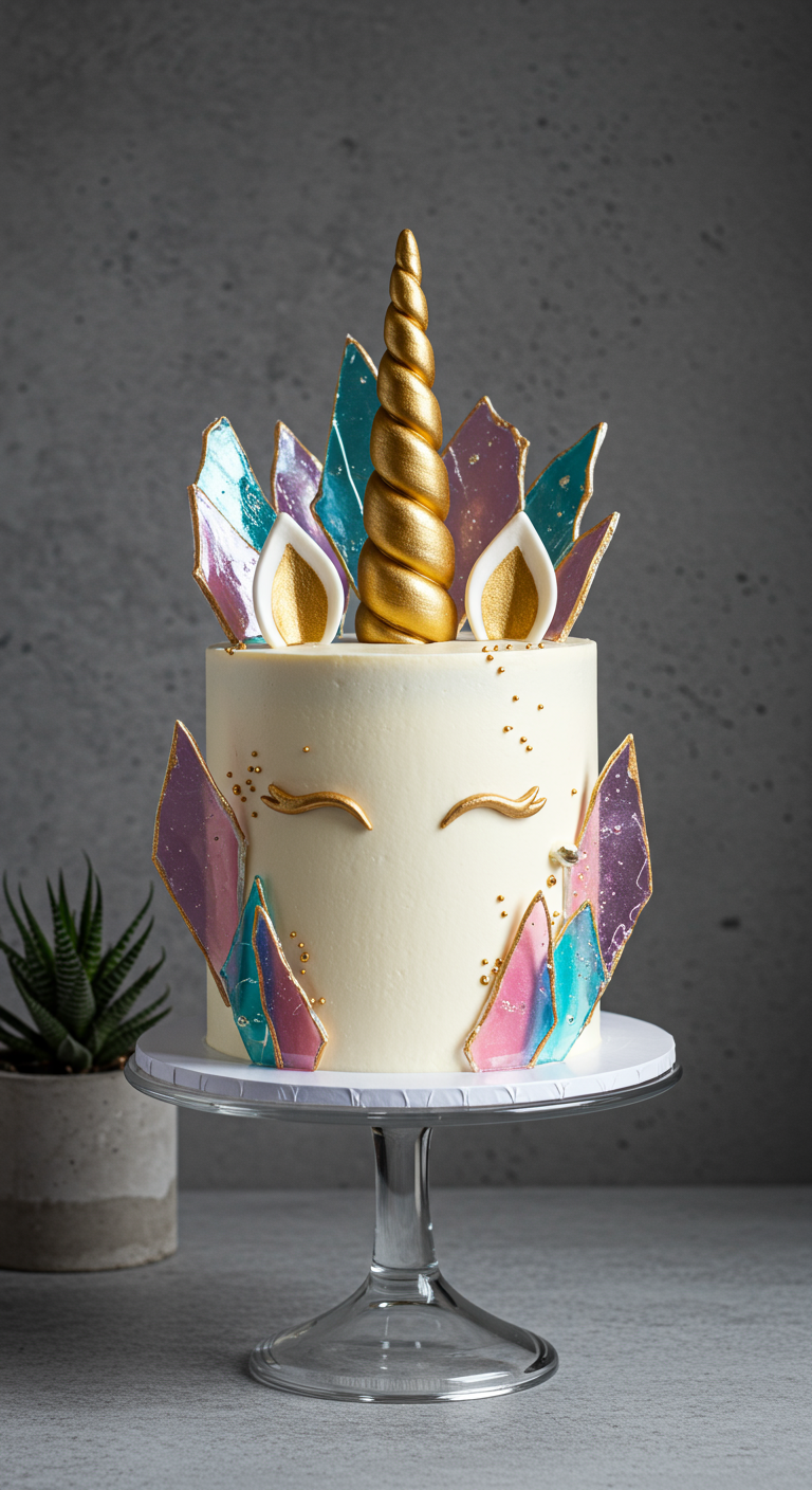 Weiße Einhorntorte mit bunten Kristall-Splittern und goldenem Horn und Akzenten.