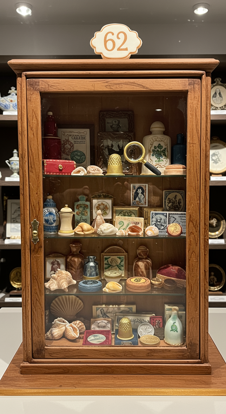 Kleine Vitrine aus Holz gefüllt mit Miniatur-Zuckerobjekten und der Zahl 62.