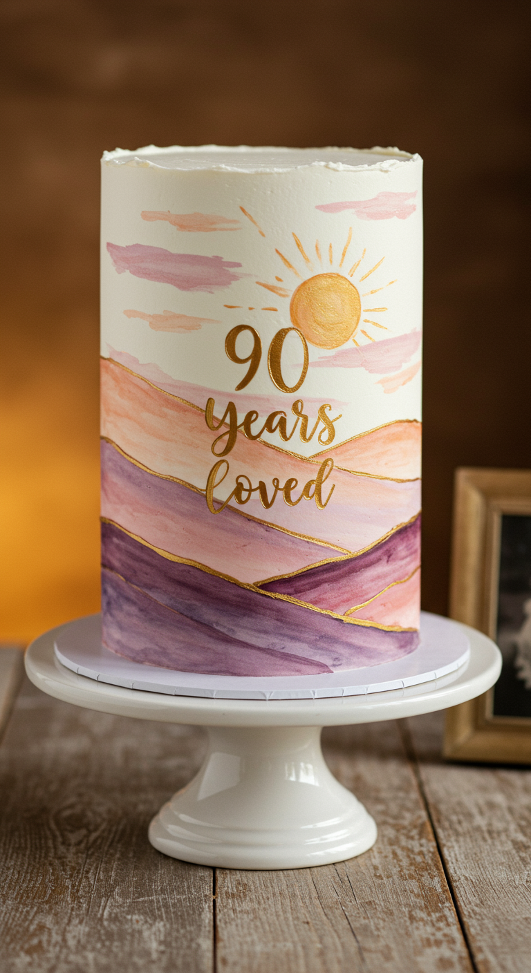 Hohe Torte mit handgemalter Landschaft in Aquarell-Optik und goldenem Schriftzug.