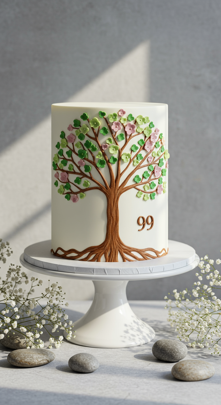 Weiße Torte mit einem Lebensbaum aus Fondant und einer kleinen 99.