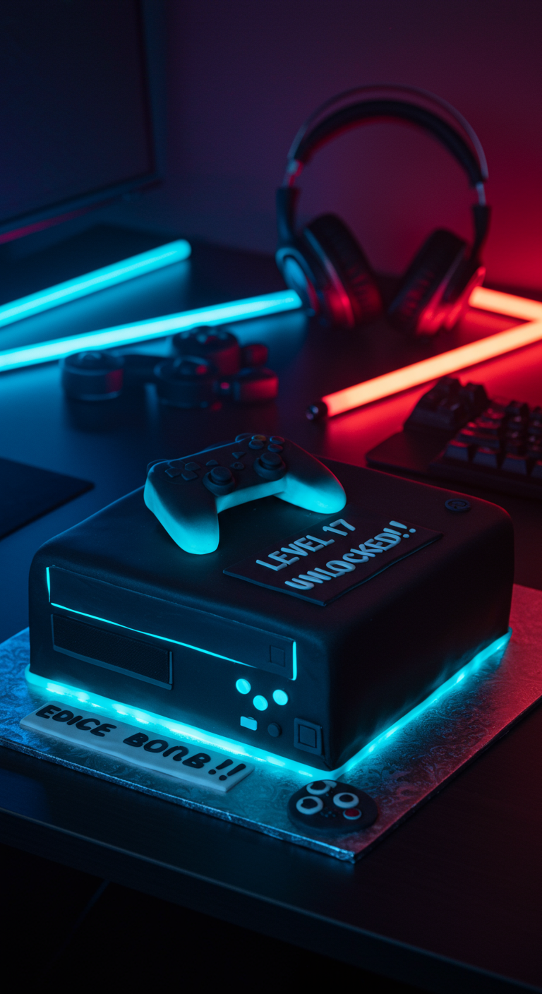 Torte in Form einer schwarzen Spielkonsole mit Controller,