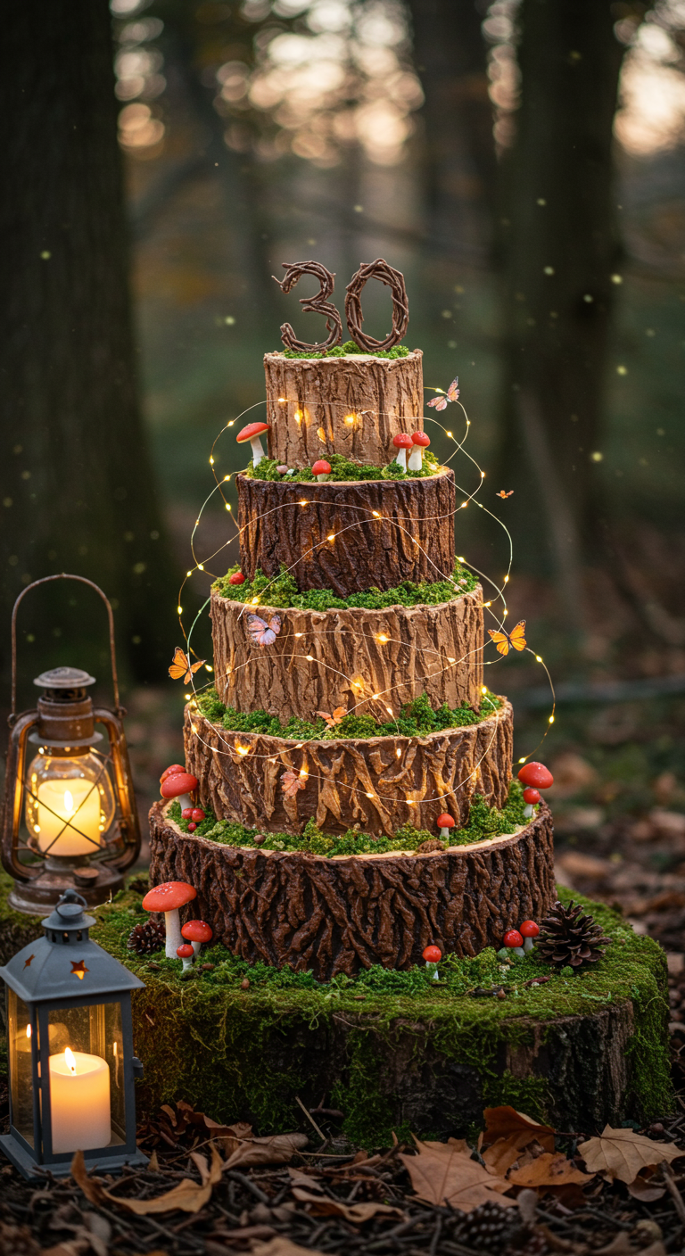 Mehrstöckige Torte in Baumrinden-Optik mit Moos, Pilzen und Lichterkette.