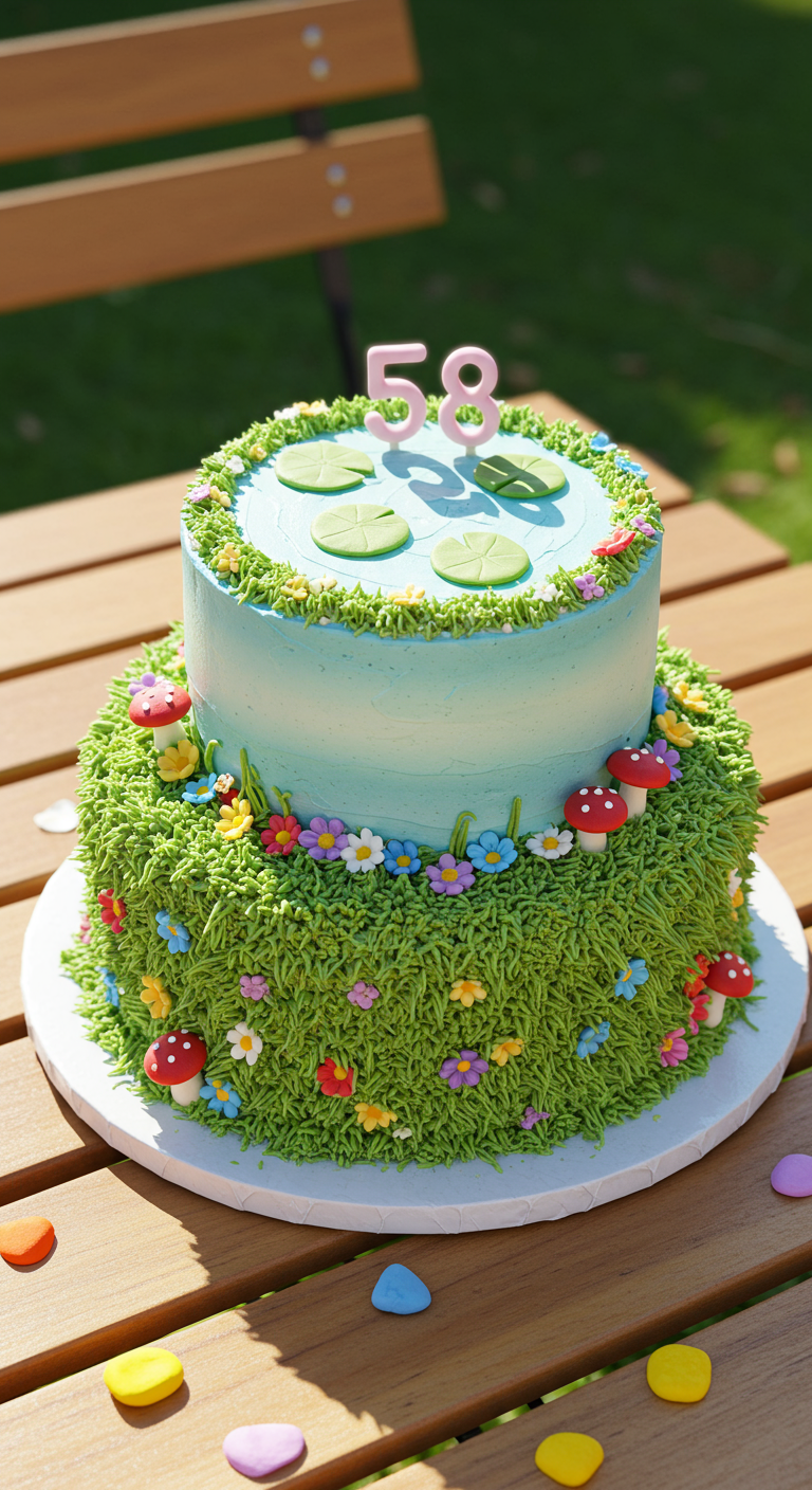 Zweistöckige Torte mit Gras-Effekt, bunten Blümchen, Pilzen und Seerosenblättern.