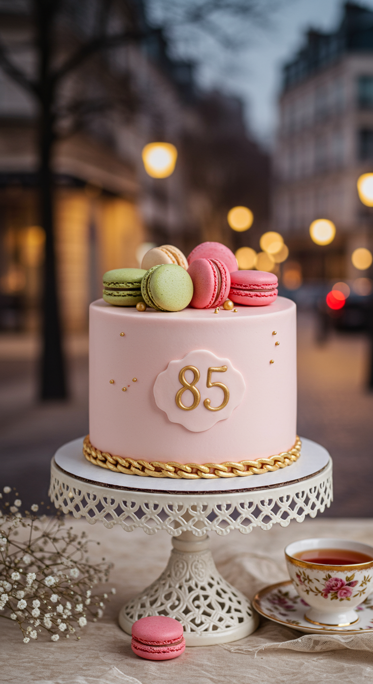 Rosa Torte mit Macarons obendrauf, goldener Kette am Rand und 85-Schild.
