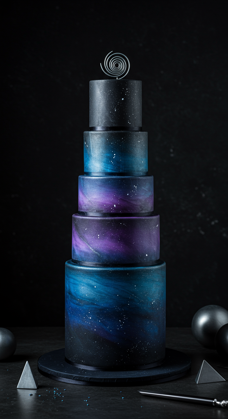 Mehrstöckige Torte in dunklen Blau-Lila-Galaxy-Farben mit Silberspirale.