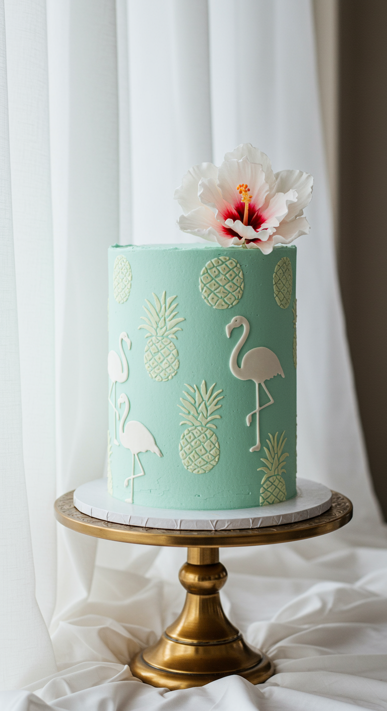 Mintgrüne Torte mit weißen Flamingo- und Ananas-Mustern und Hibiskusblüte.