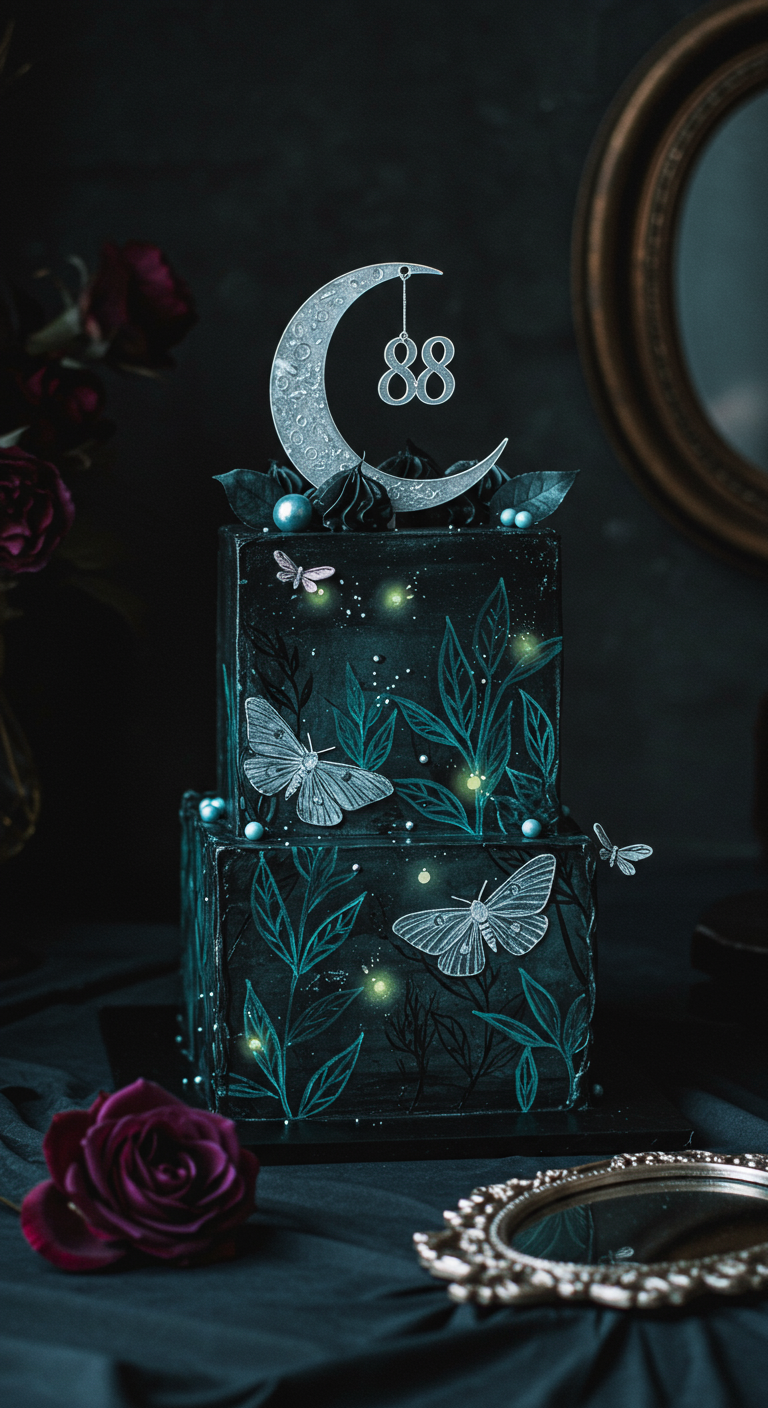 Zweistöckige dunkle Torte mit Mond, Motten und leuchtenden Farbeffekten.
