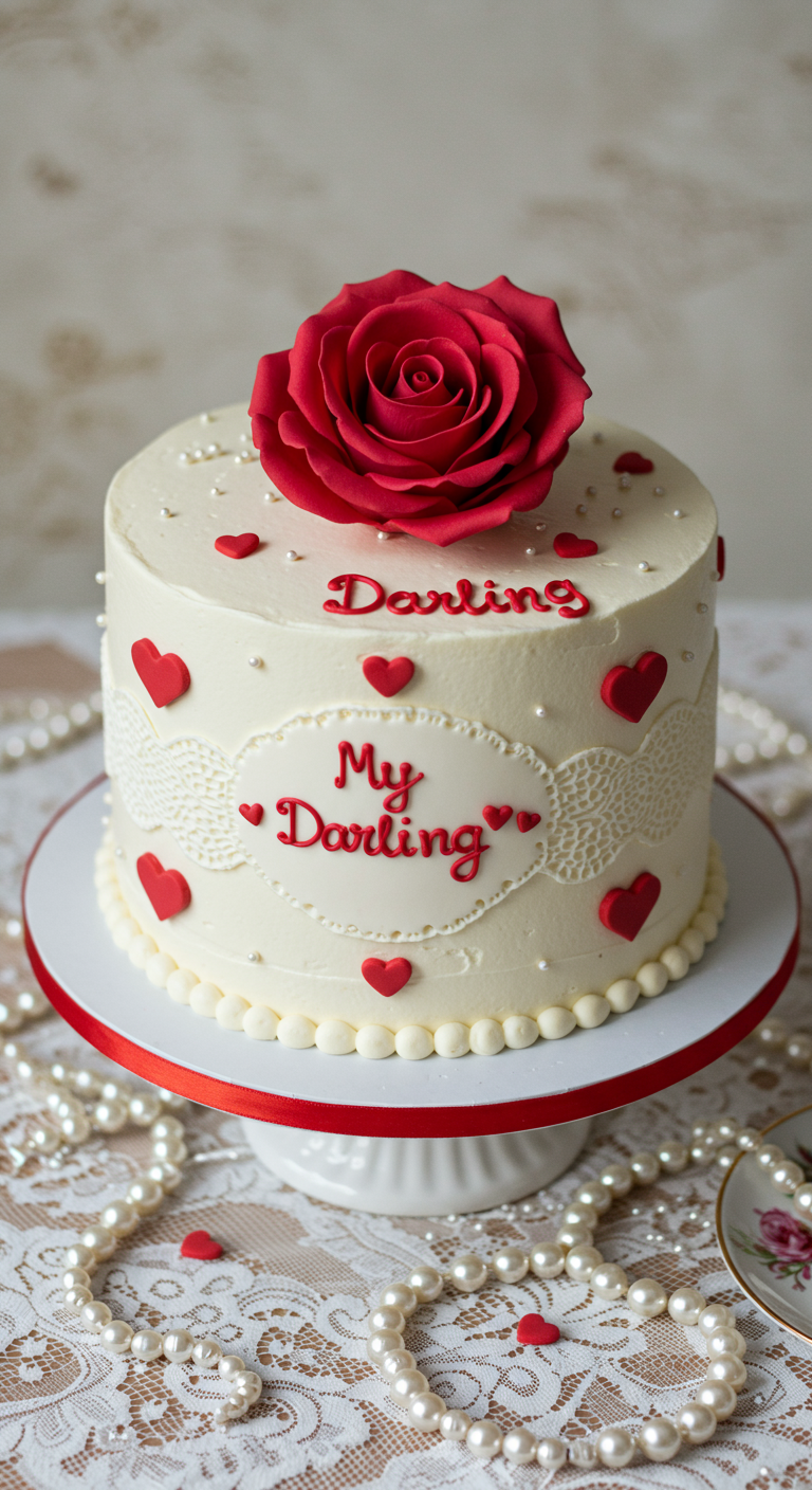Weiße Torte mit roter Rose, roten Herzen und Schriftzug „My Darling“.
