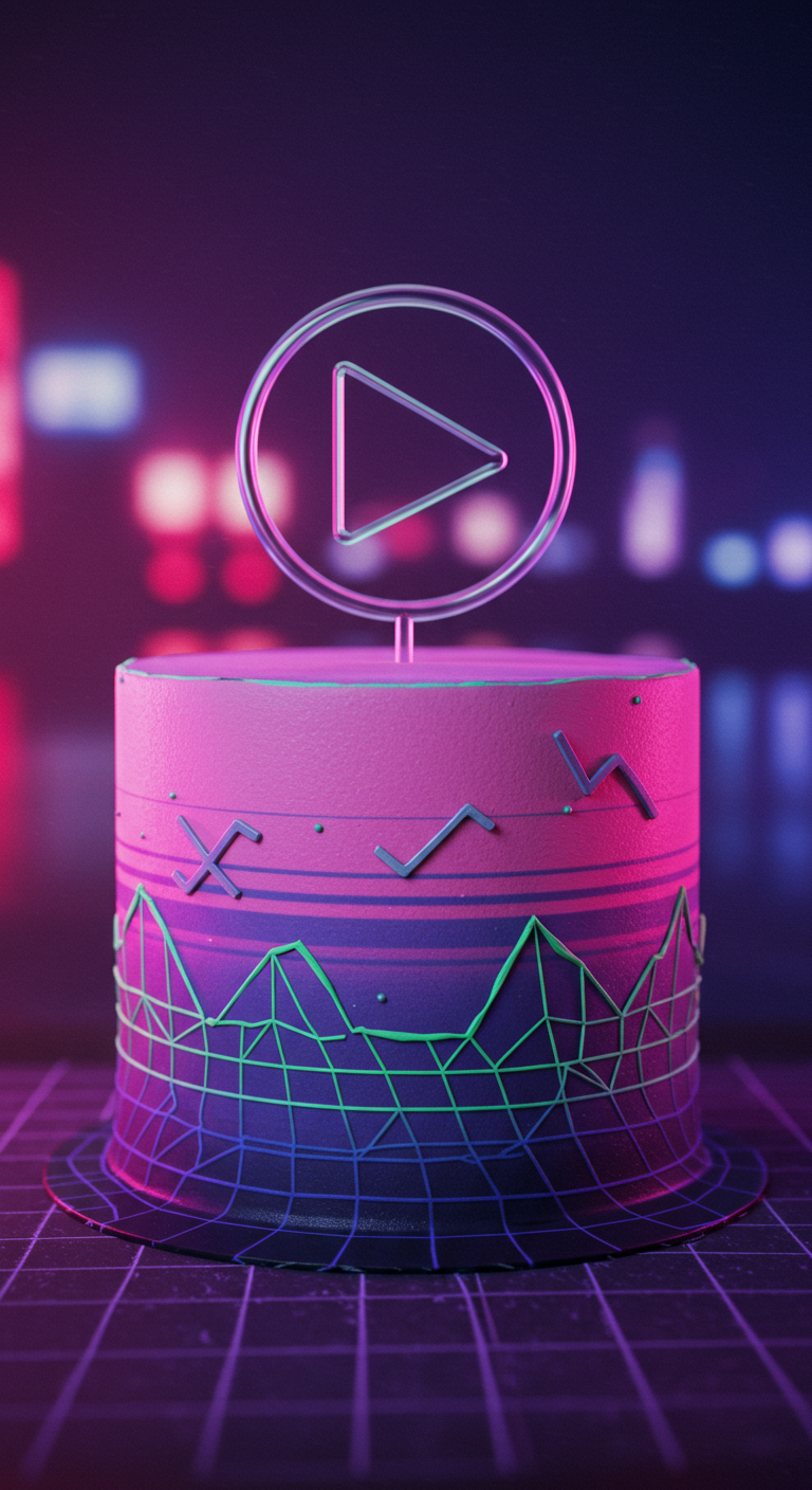 Pink-lila Y2K-Torte mit Neon-Grid-Muster und einem Play-Button-Topper.