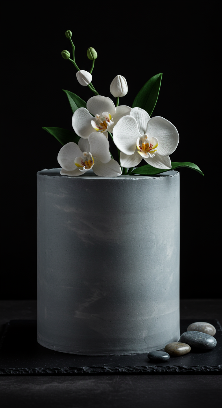 Hohe, graue Torte in Betonoptik, gekrönt von weißen Zucker-Orchideen.