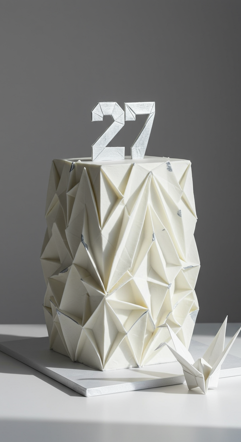 Weiße, geometrisch gefaltete Torte im Origami-Stil mit silbernen Akzenten.