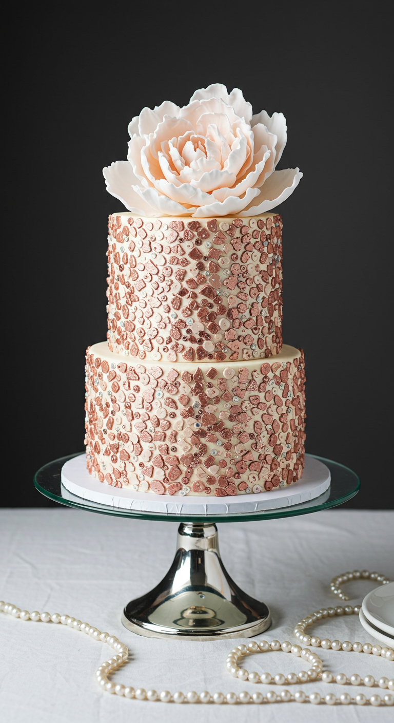 Zweistöckige Torte mit Roségold-Pailletten und Pfingstrose.