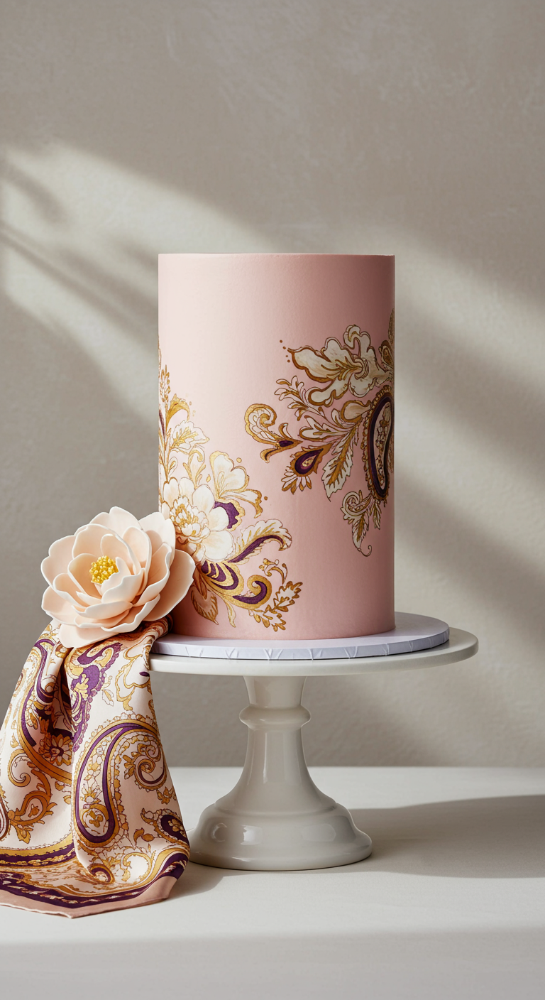 Rosa Torte mit handgemaltem golden-violettem Paisley-Muster und großer Zuckerblume