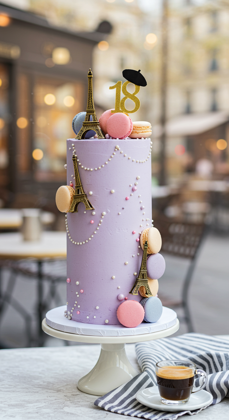 Hohe lila Torte mit Macarons, Eiffeltürmen und