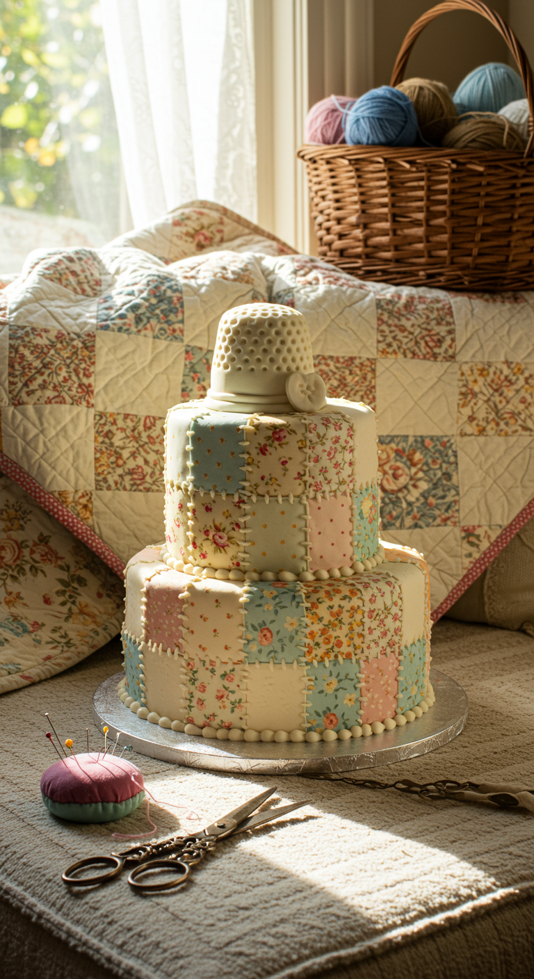 Zweistöckige Torte im Patchwork-Quilt-Design mit floralen und pastellfarbenen Quadraten.