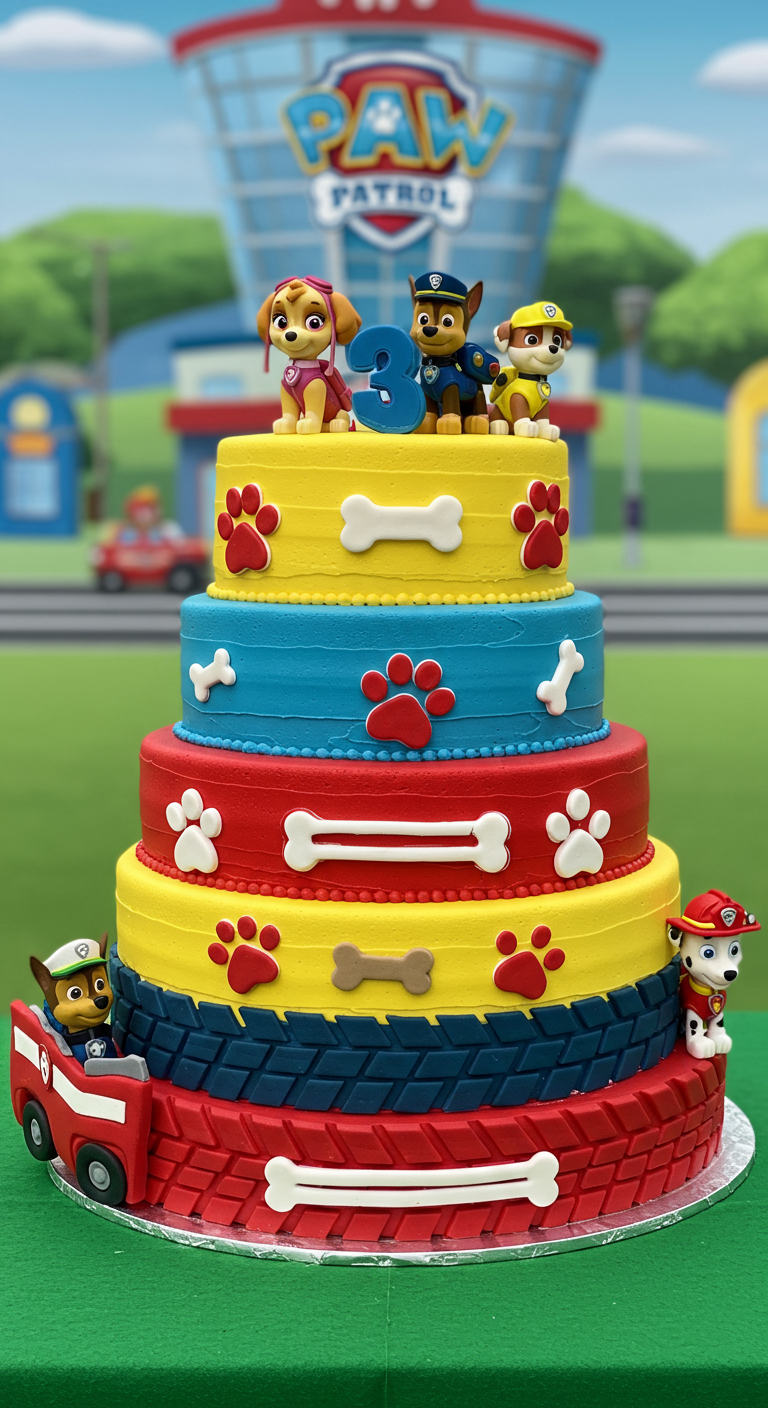 Mehrstöckige Paw Patrol Torte in Blau, Gelb, Rot mit Figuren.