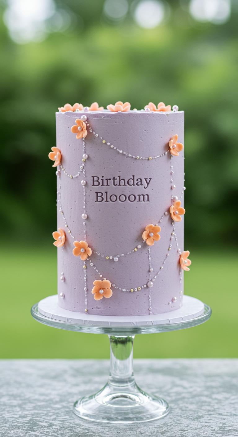 Lila Torte mit Zuckerperlen-Ketten, kleinen Pfirsich-Blüten und Schrift.