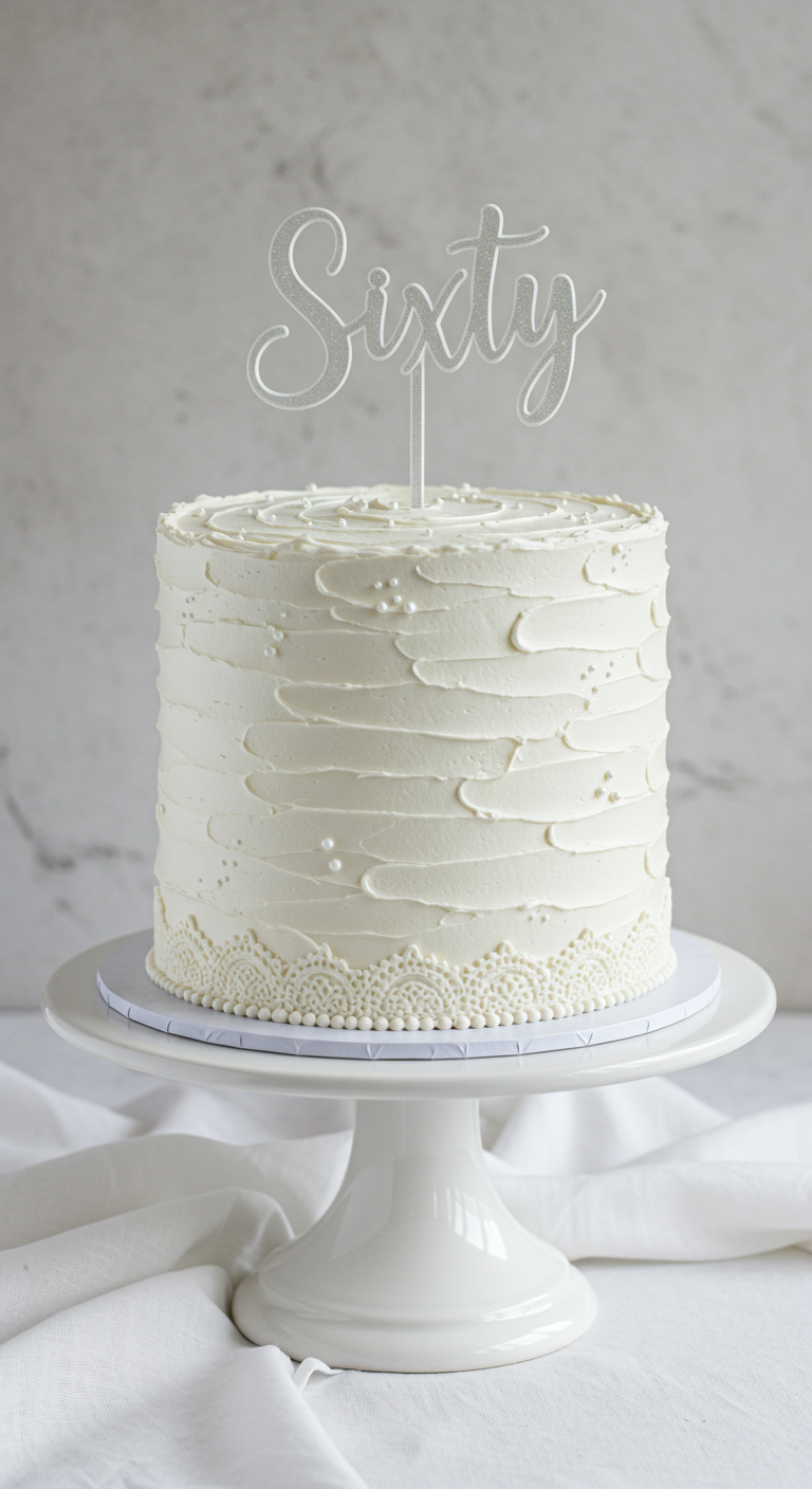 Weiße Torte mit strukturierter Buttercreme, essbarer Spitze und „Sixty“-Topper.
