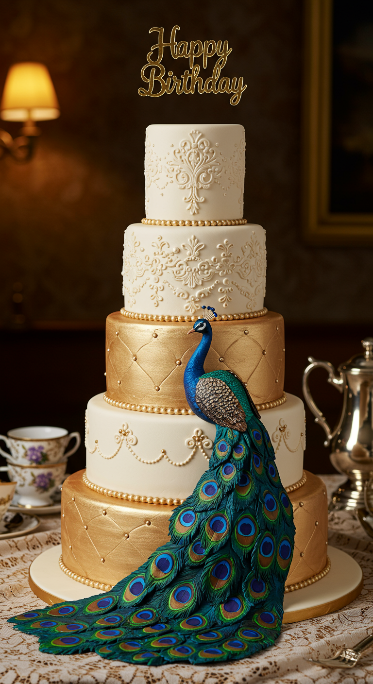 Hohe Hochzeitstorte in Weiß und Gold mit filigranen Mustern und einer großen Pfauenfigur.