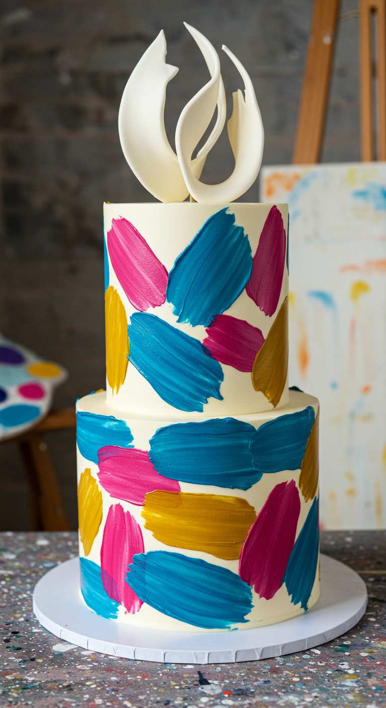 Zweistöckige weiße Torte mit bunten, abstrakten Buttercreme-Pinselstrichen.