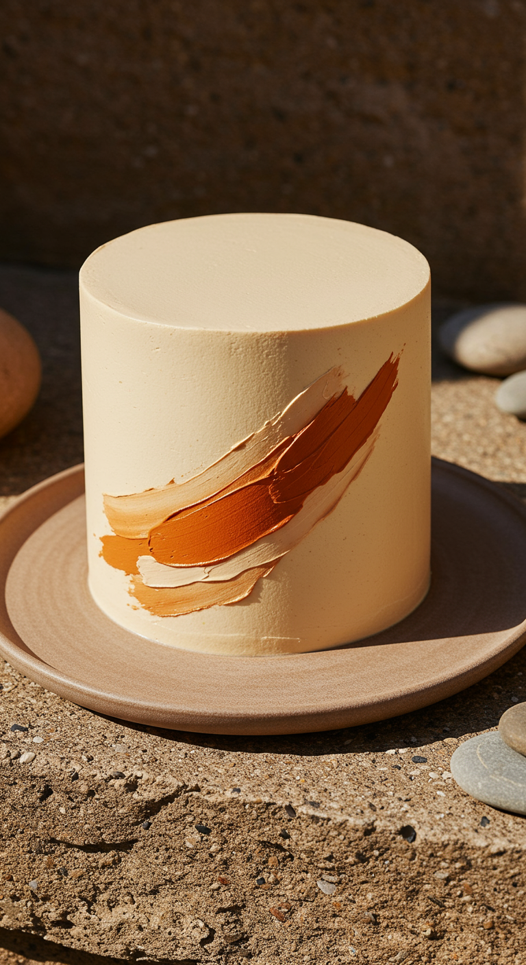 Hohe beigefarbene Torte mit breiten Pinselstrichen in Terrakotta-Tönen.