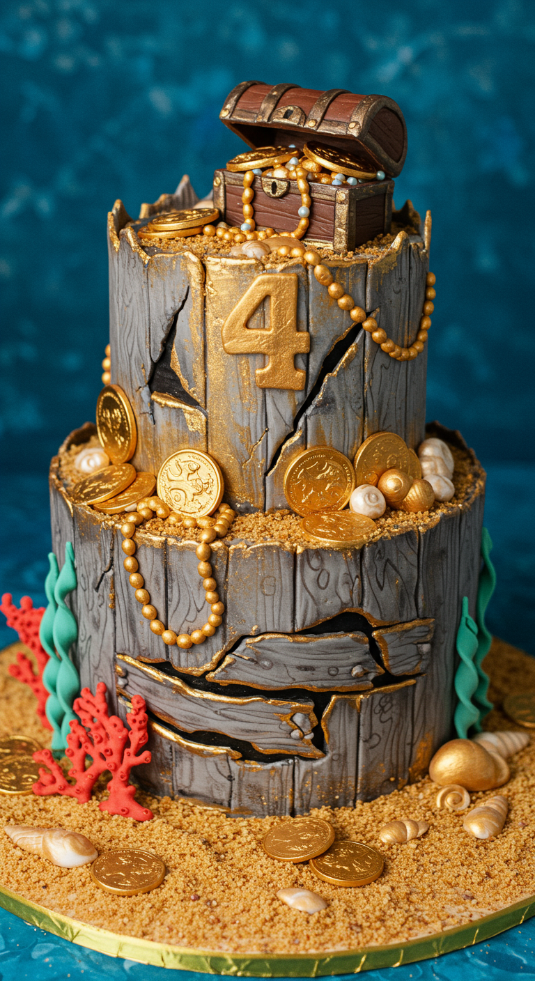 Zweistöckige Piratenschatz-Torte mit Holzoptik, Goldmünzen und Schatztruhe.