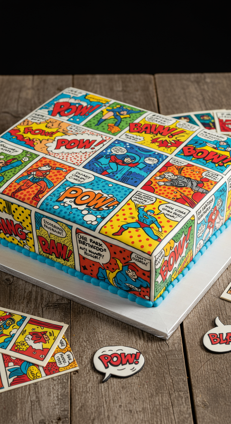 Quadratische Torte umhüllt mit bunten Comic-Panel-Aufdrucken und blauem Rand