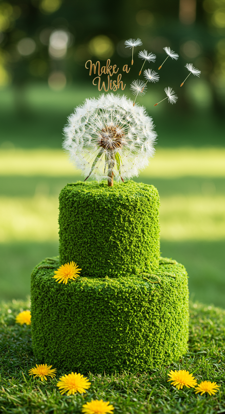 Zweistöckige Torte mit grüner Gras-Textur und einer echten Pusteblume als Topper.