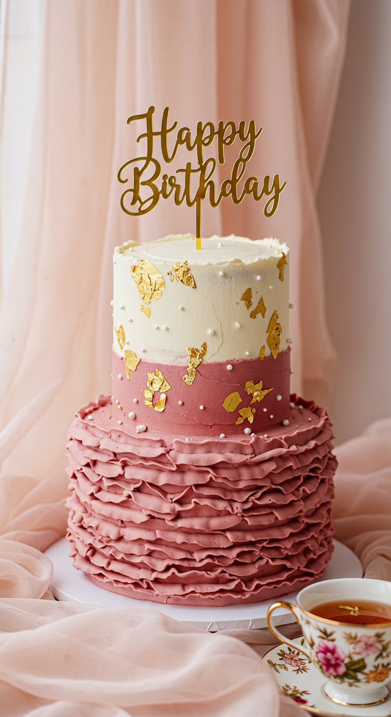 Zweistöckige Torte mit rosa Buttercreme-Rüschen unten und weiß-goldener oberer Etage.
