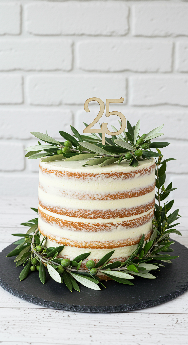 Naked Cake mit Olivenzweigen als Kranz und hölzernem