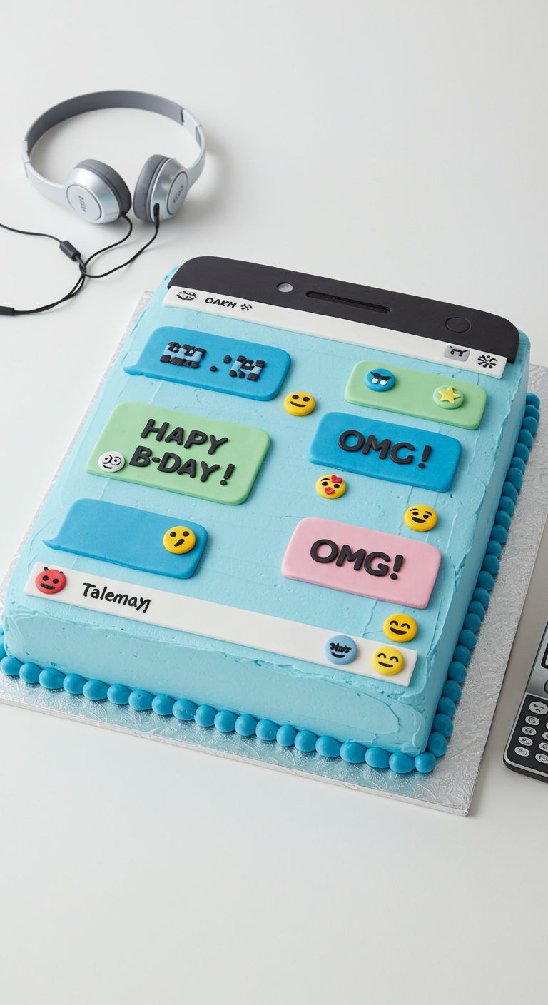 Rechteckige blaue Torte dekoriert als SMS-Chat mit Emojis.
