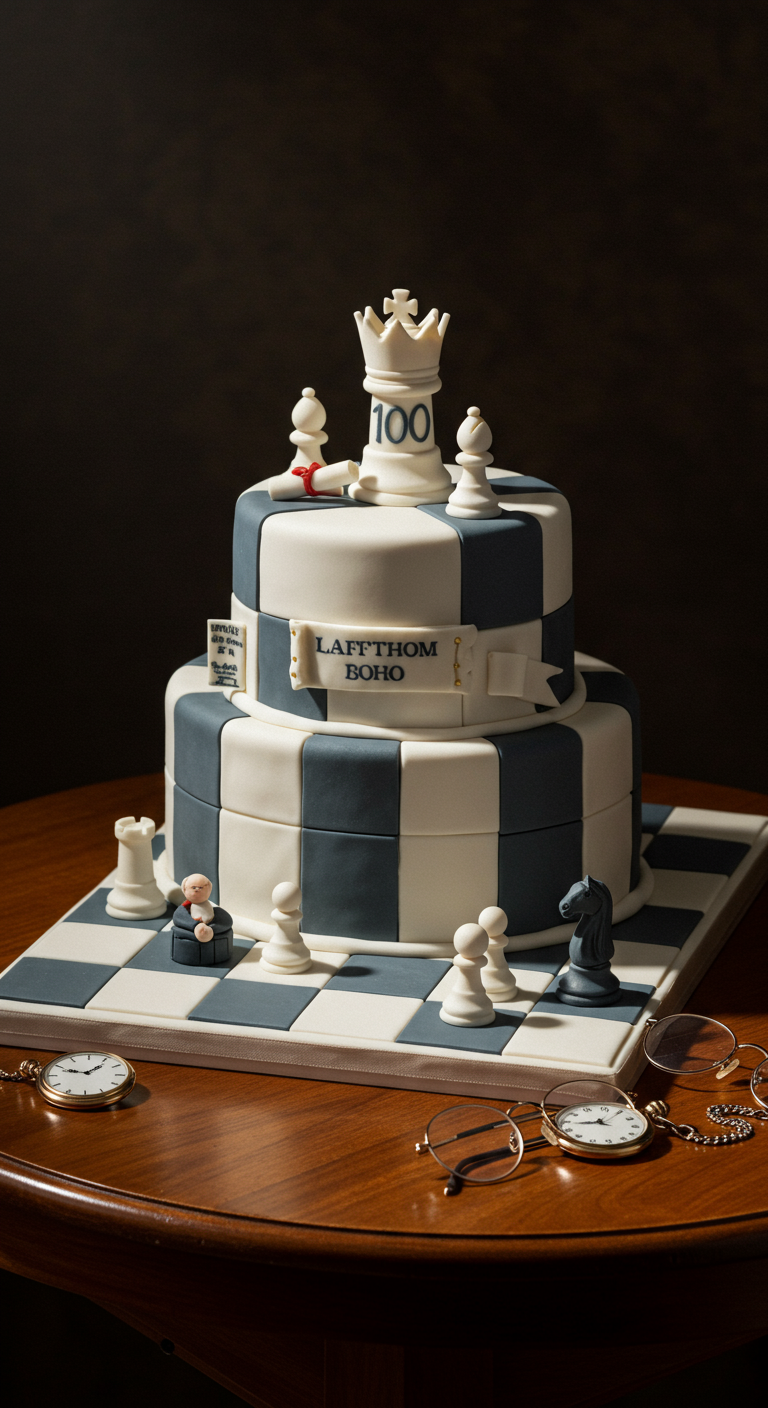 Zweistöckige Torte als Schachbrett mit Schachfiguren und '100' auf der Königsfigur.