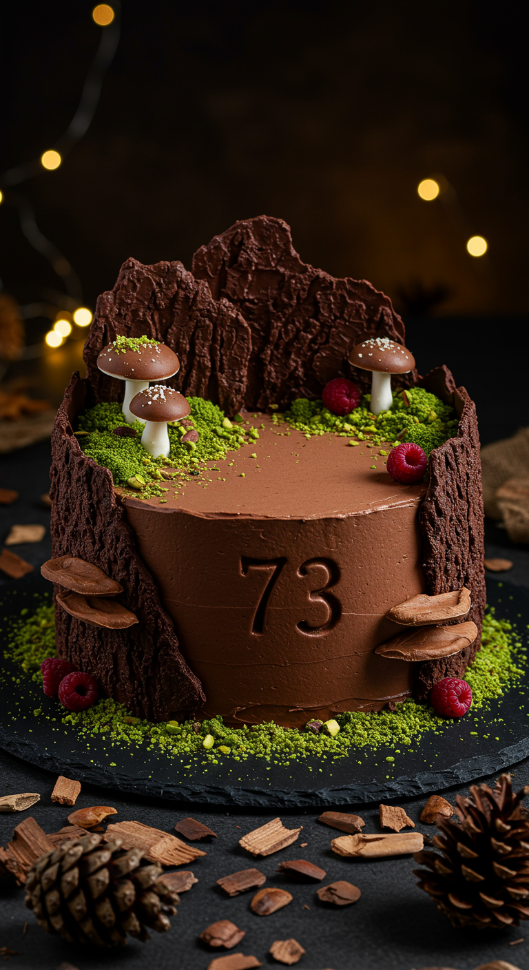 Schokotorte dekoriert wie ein Baumstumpf mit Rinde, Moos und Pilzen.