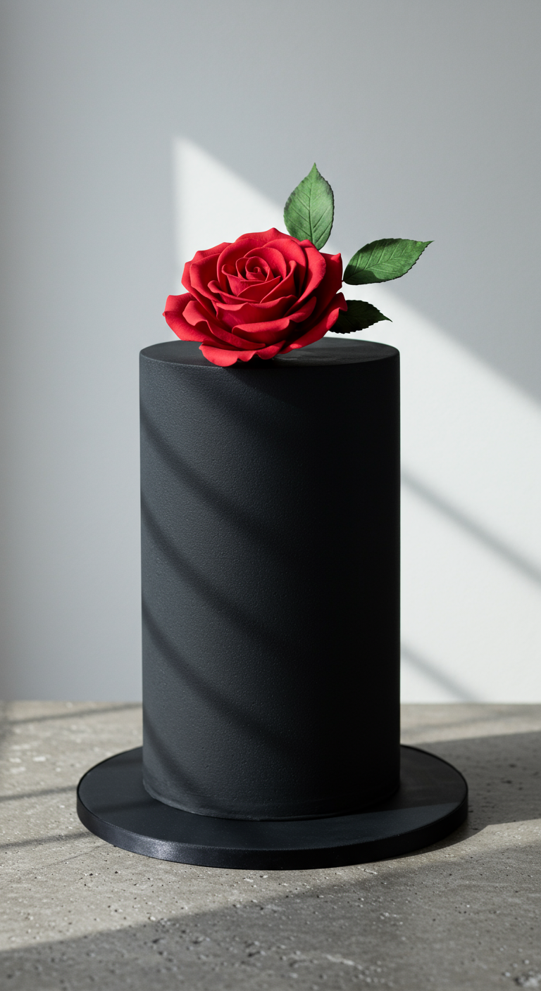 Hohe, schmale, mattschwarze Torte, dekoriert mit einer einzelnen, leuchtend roten Zuckerrose und zwei grünen Blättern.