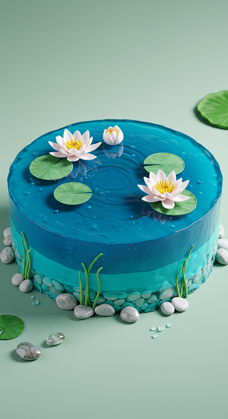 Runde Torte, die einen Seerosenteich darstellt, mit blauer Götterspeise und Fondant-Seerosen.