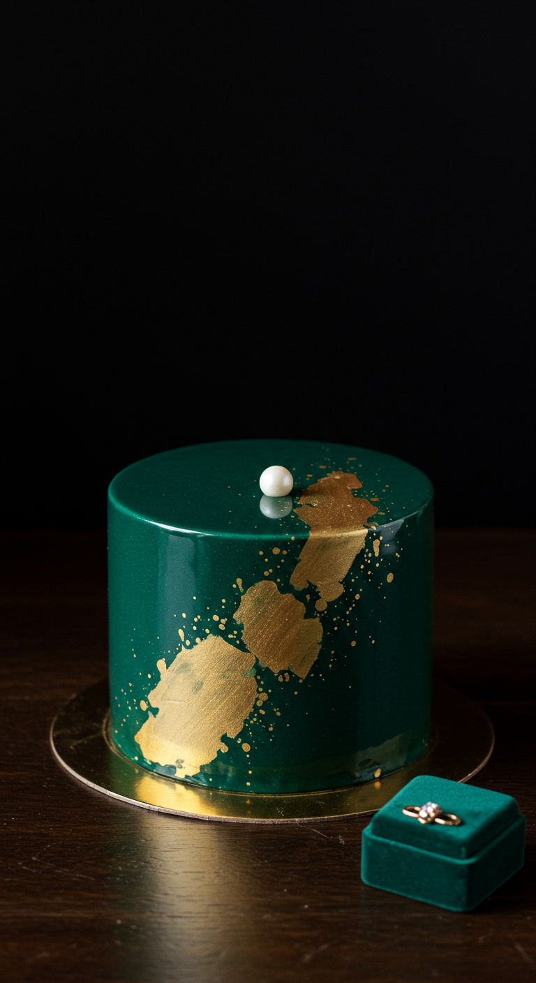 Dunkelgrüne Mirror Glaze Torte mit goldenen Farbspritzern und einer Perle.