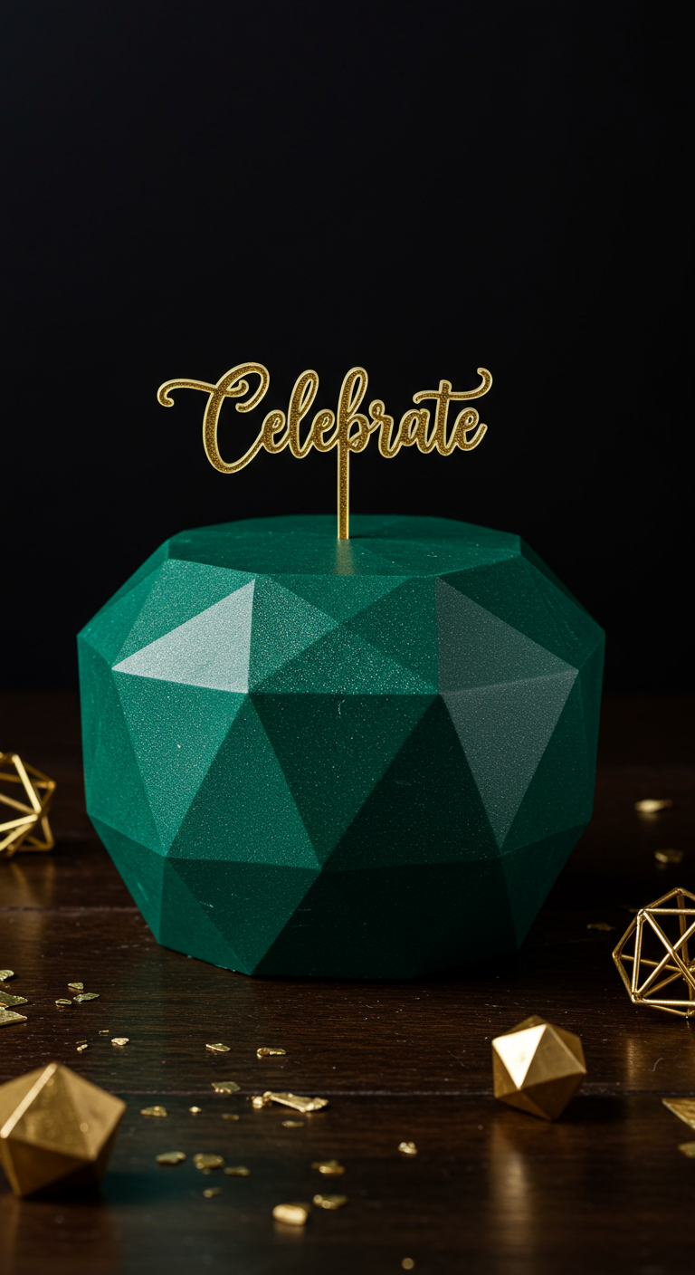 Dunkelgrüne Torte in facettierter, polygonaler Form mit goldenem „Celebrate“ Cake Topper.